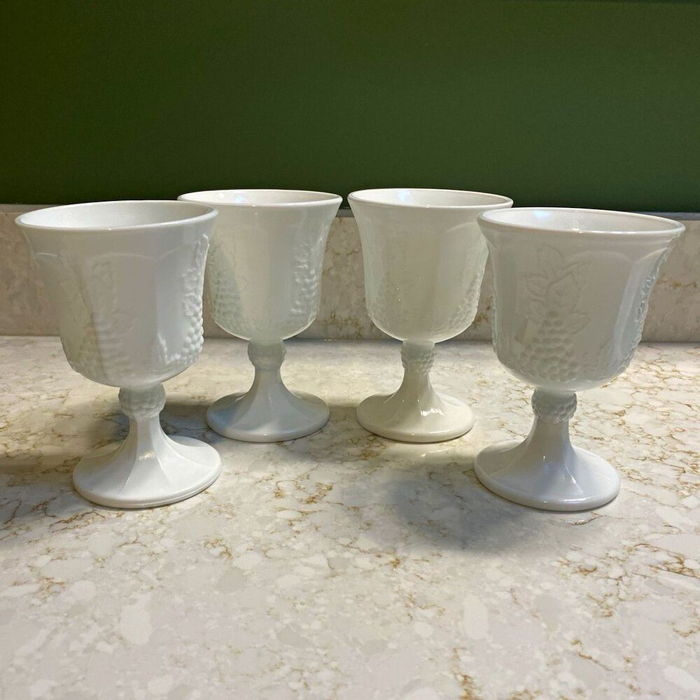 Set of 4 White Milk Glass Grape Pattern Pedestal Goblets 10 oz Vintage Drinkware